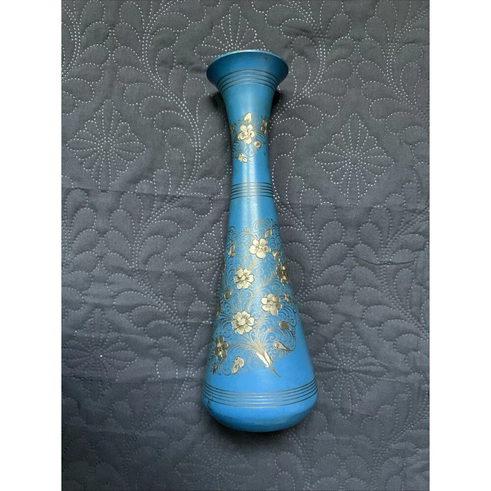 VTG Kashmiri Blue Enamel Brass Vase Hand-Etched Gold Floral Design Home Accent